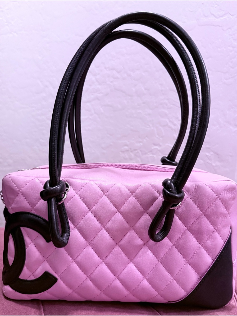 Chanel Quilted Light Pink Shoulder Bag with Black Trim